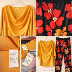 Mustard Cowl Neck Top & Floral Pants 2-Piece Set | Size 2XL